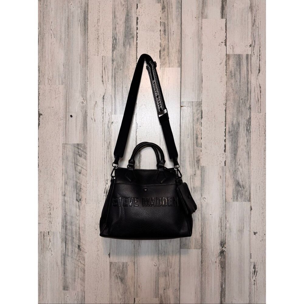 Steve Madden Black Pebbled Faux Leather Satchel Crossbody Bag Logo Strap w/ Coin